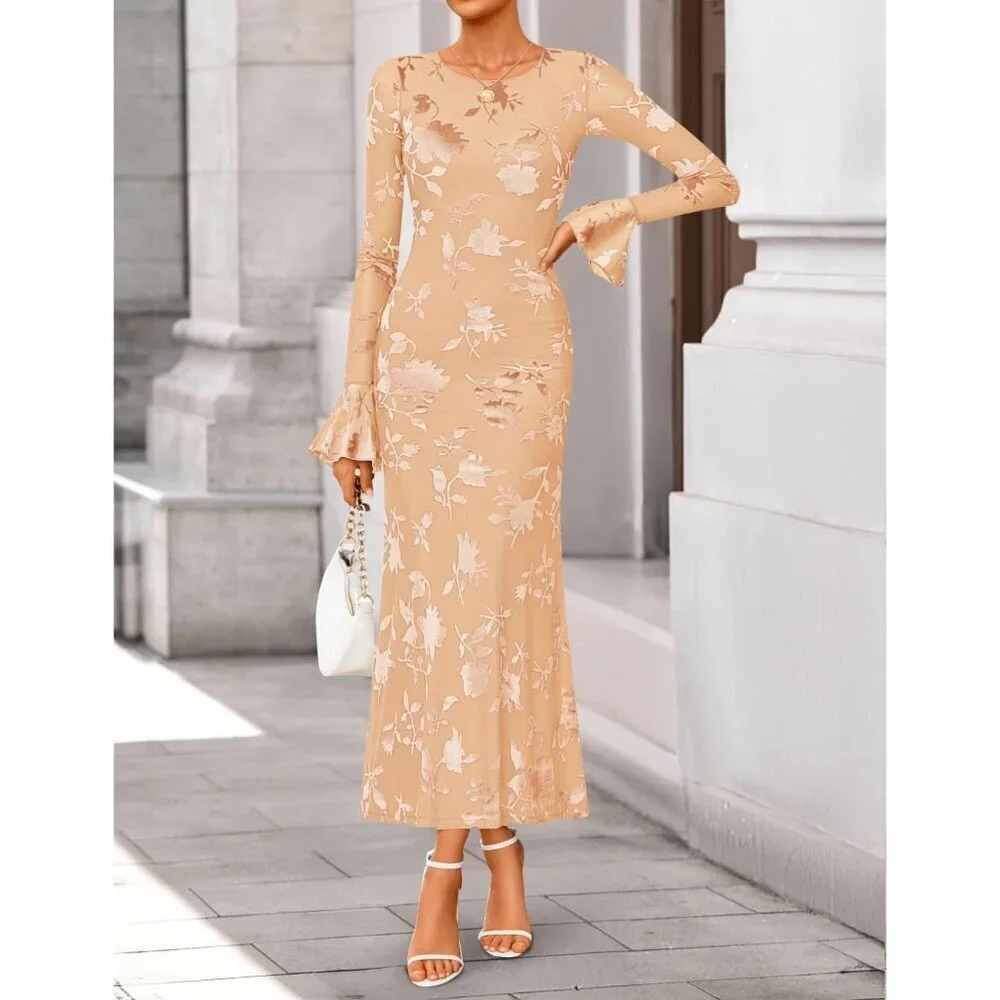 Women's Red Apricot Long Sleeve Spring Fashion Bodycon Mesh Floral Maxi Dress